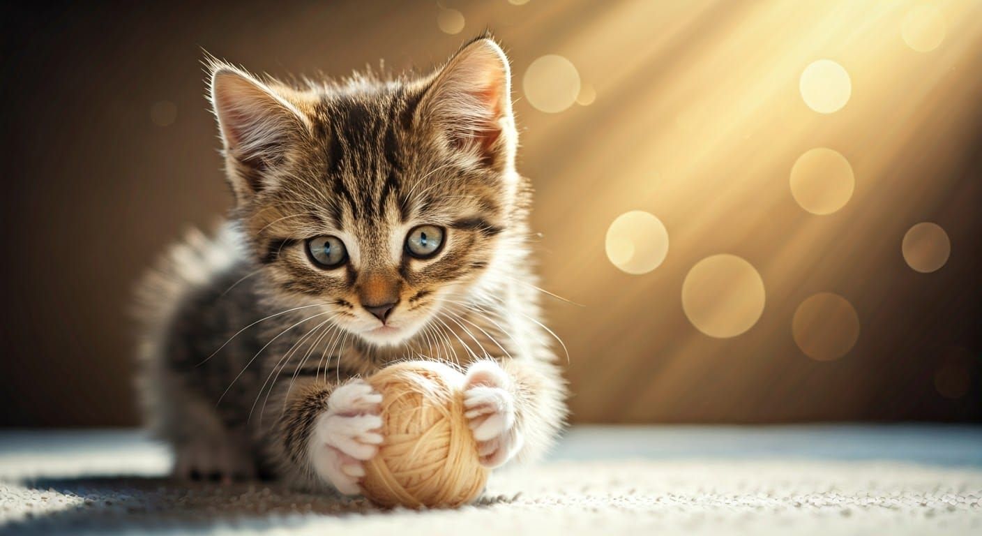 Kitten Playing with Wool in Divine Sunshine