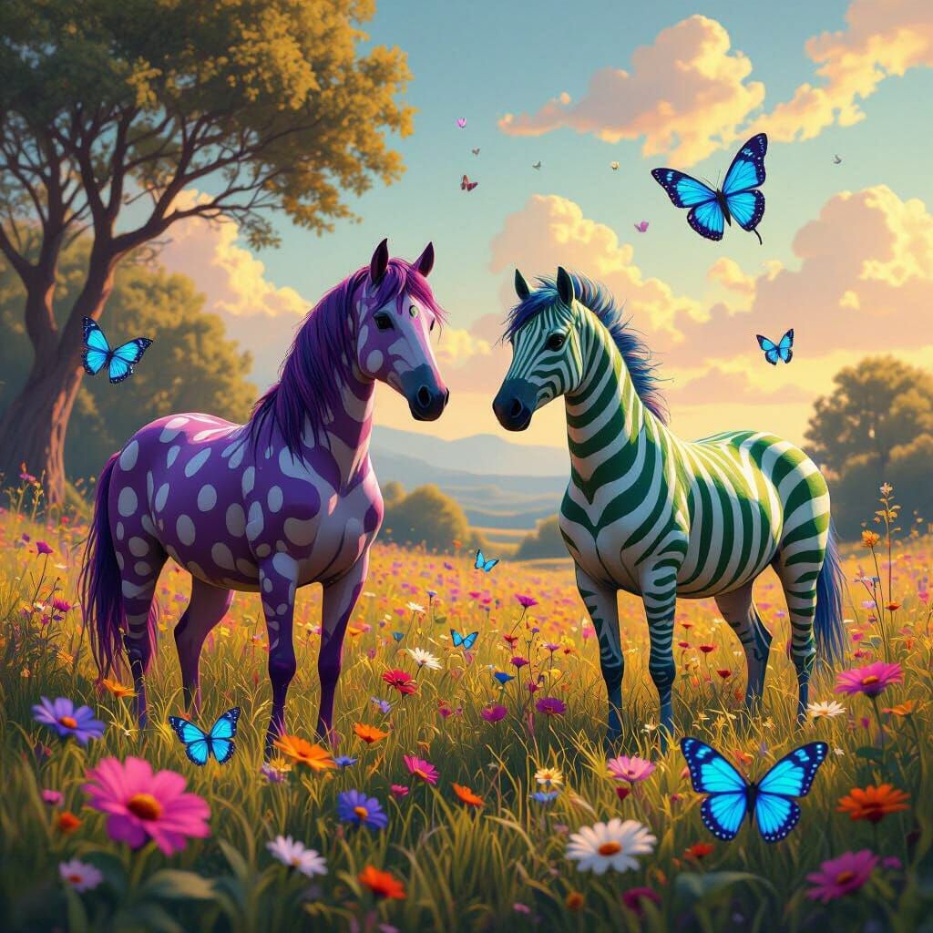 Bioluminescent Zorses in a Vivid Meadow