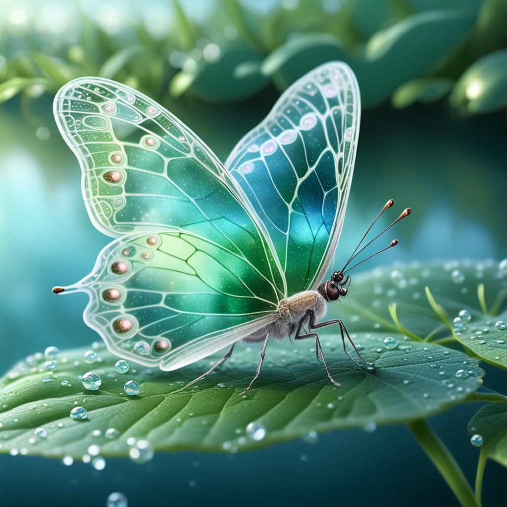 A hyper-realistic digital artwork of an exquisite, transparent jade crystal butterfly resting delicately on a dew-kissed...