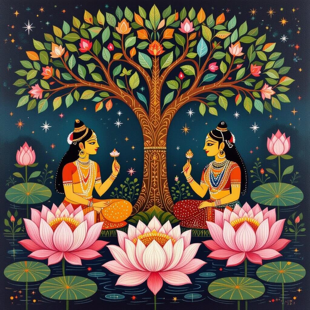 Divine Figures Amidst Lotus and Kalpavriksha Tree in Gond Ar...