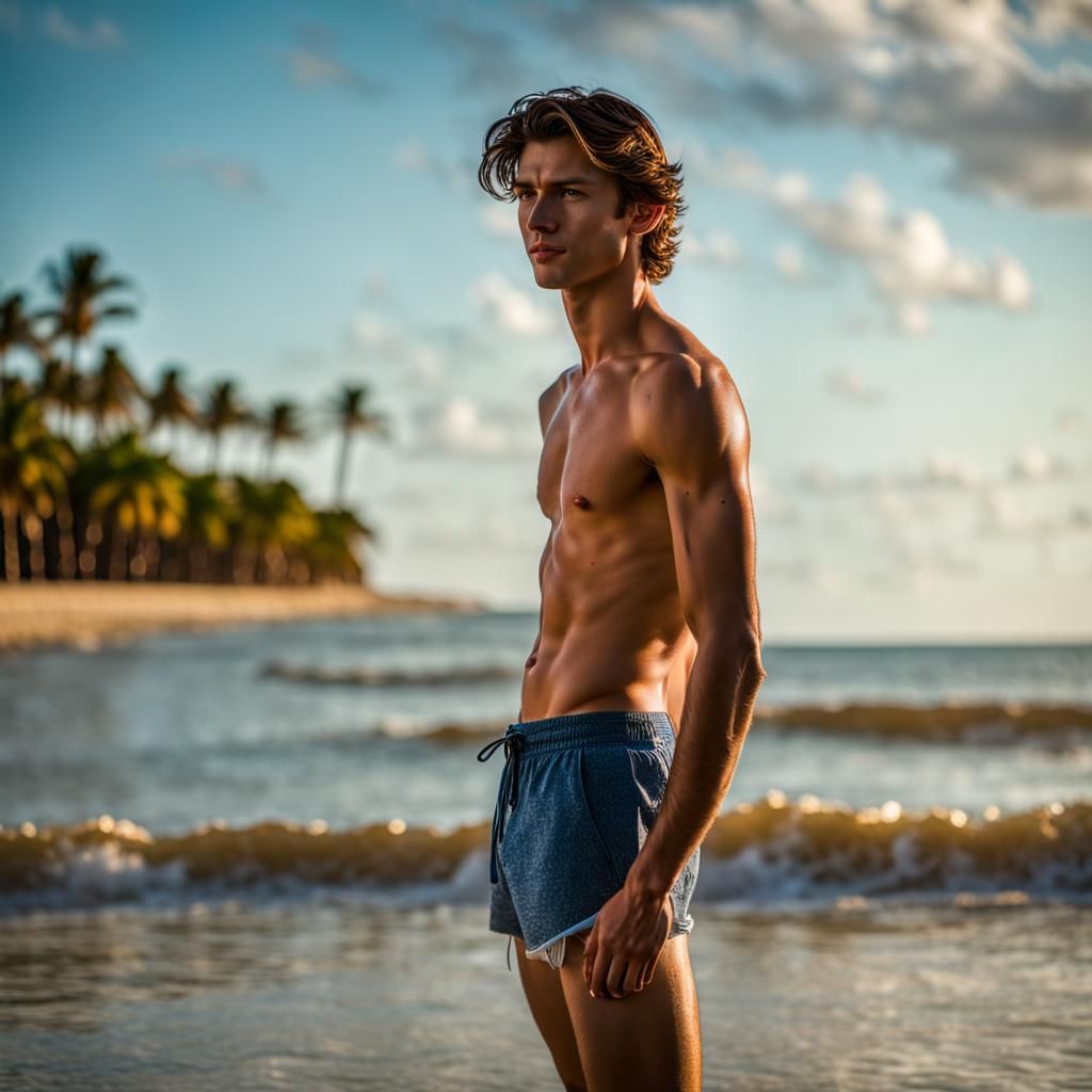 Young Man on Tropical Beach with Blue Water