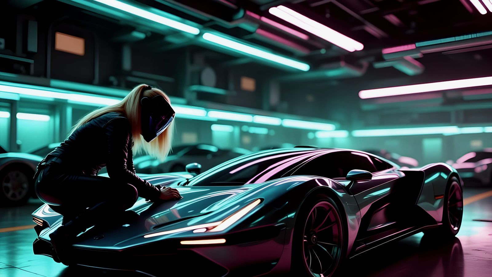 Cyberpunk Woman Repairs Flying Car in Futuristic Garage
