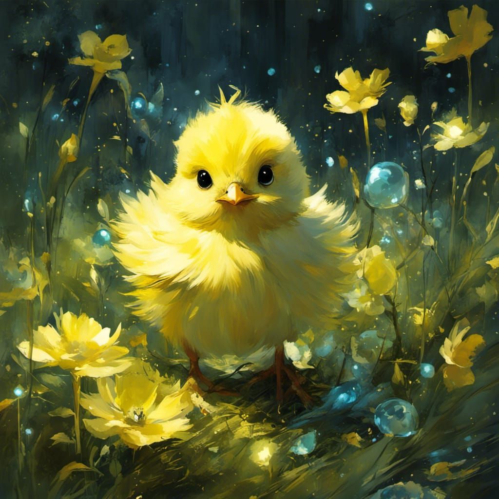 Adorable Chibi Chick in Bioluminescent Garden