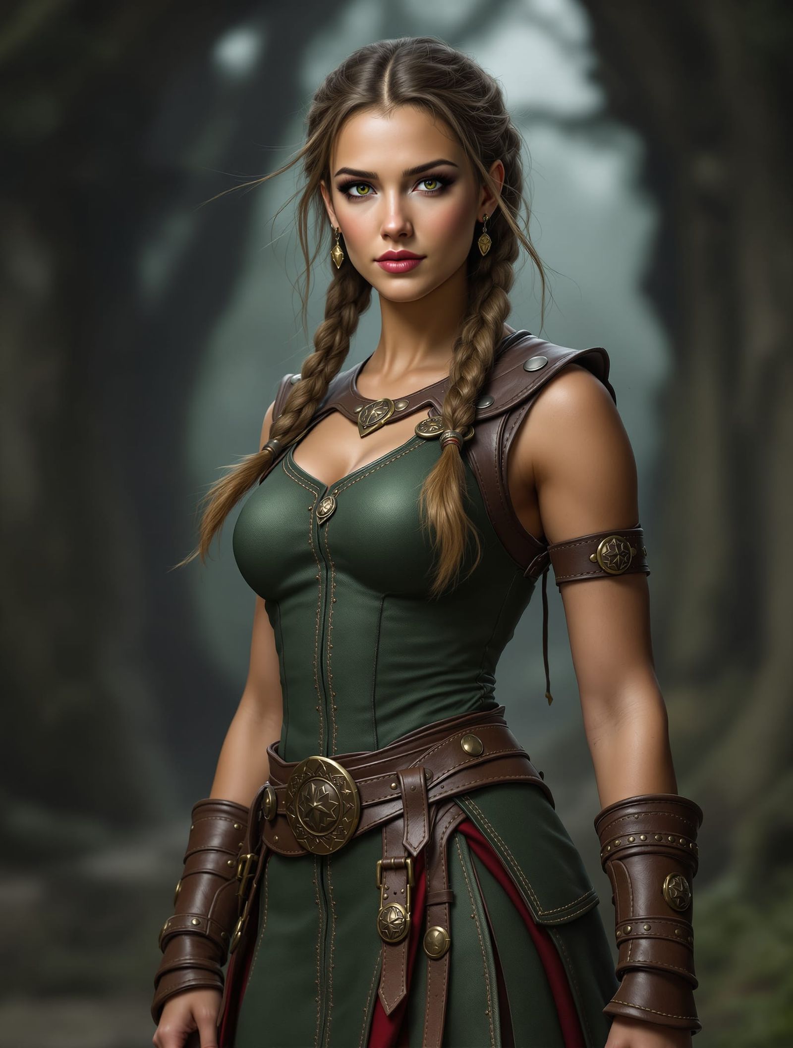 Fantasy Warrior Woman with Braids in Forest