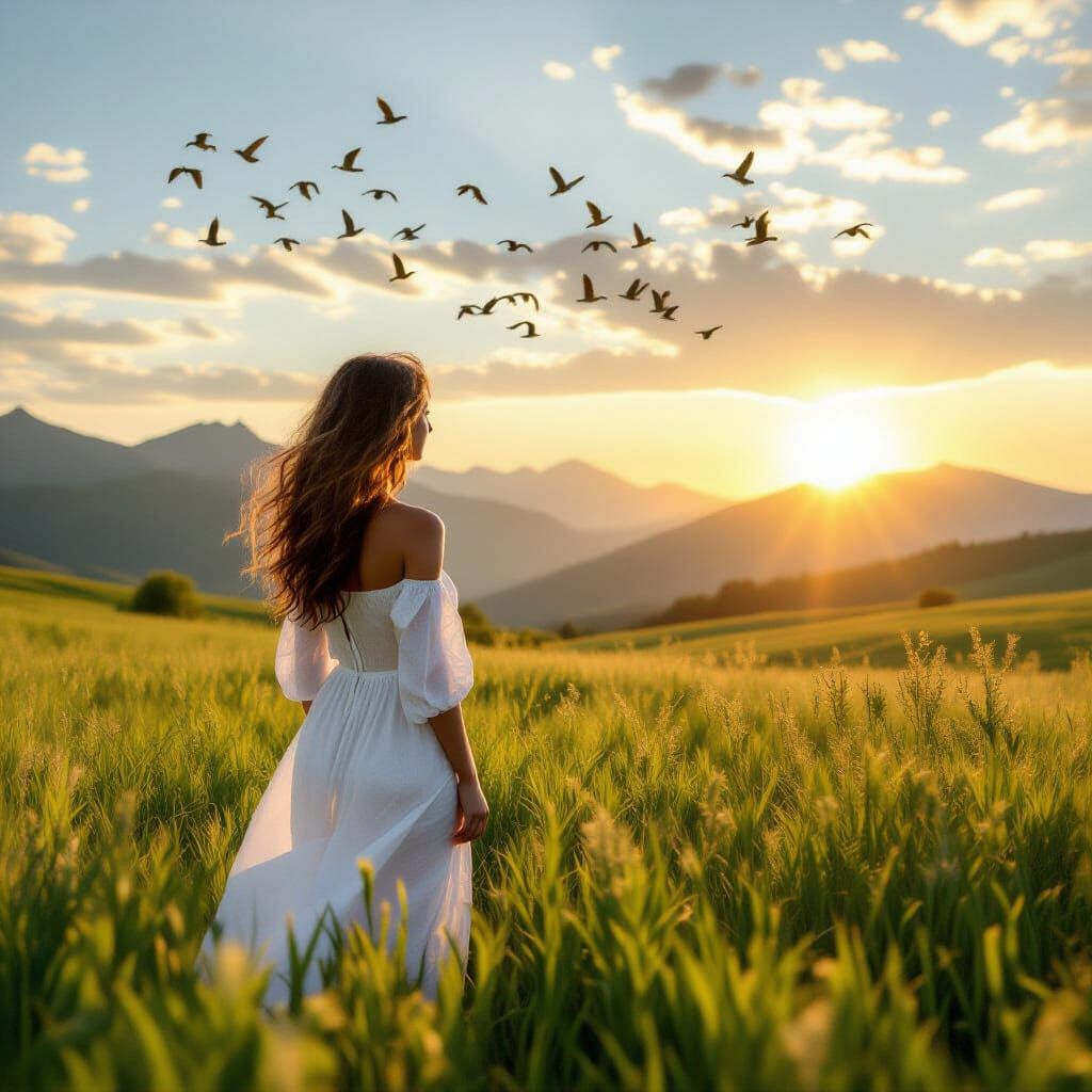 Woman in Meadow Watches Sunrise, Photorealistic