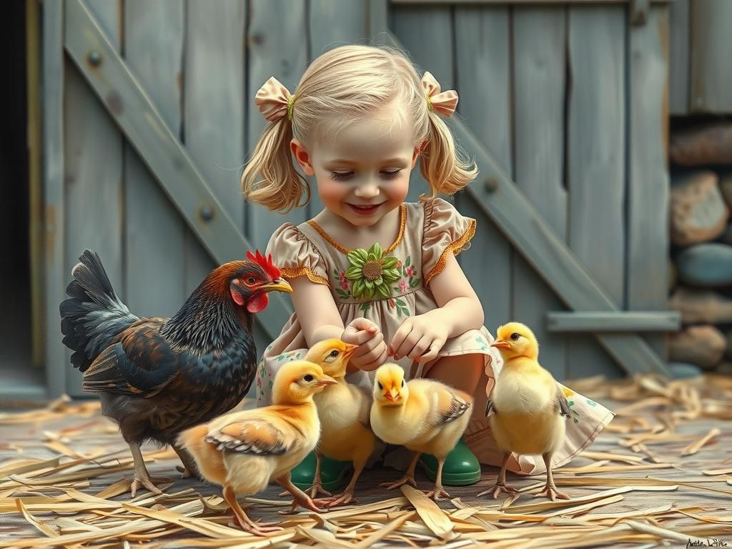 Girl Feeds Chicks in Whimsical 3D Illustration