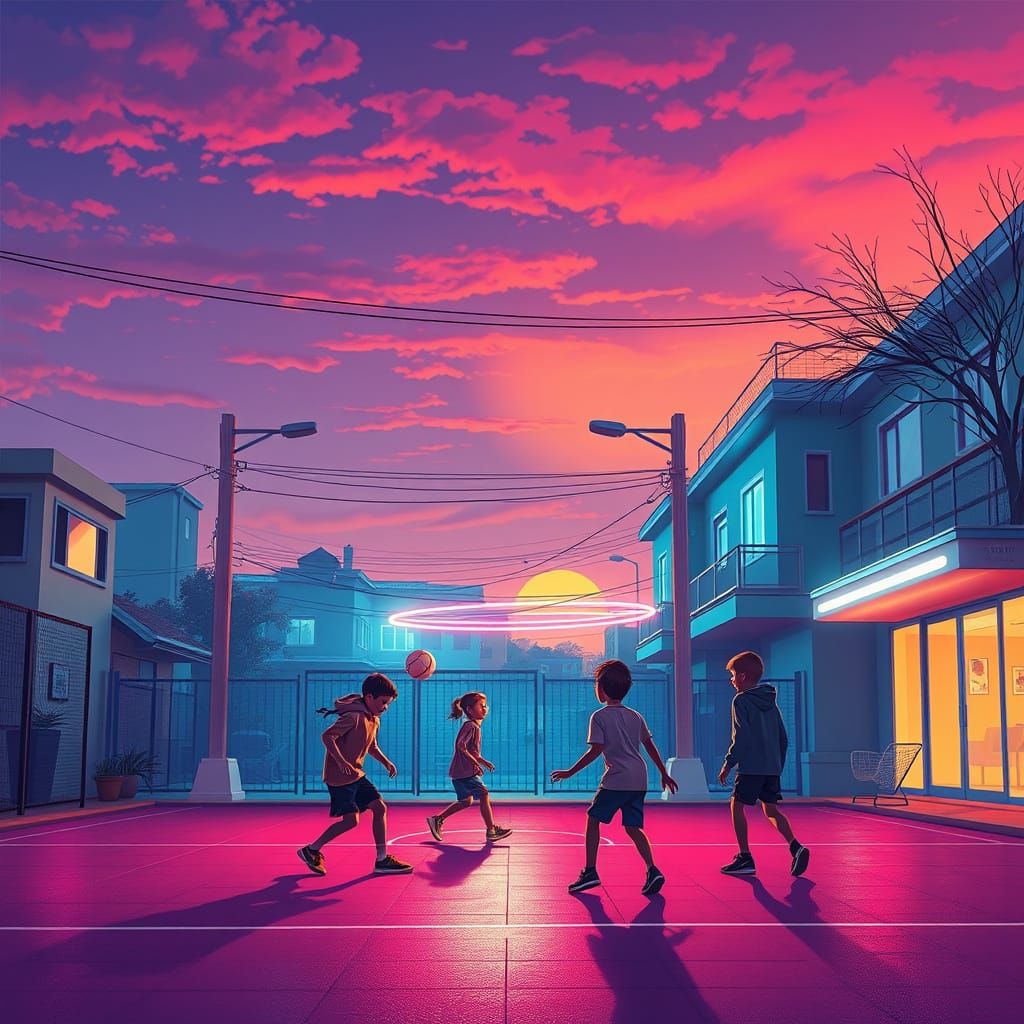 Futuristic Kids Playing Under Neon Streetlights at Sunset