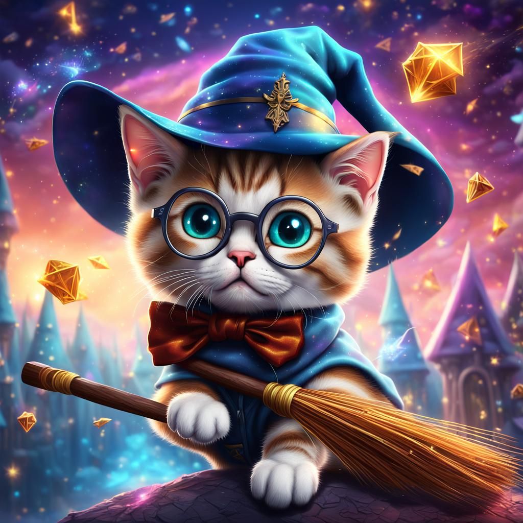 Whimsical Kitten as Harry Potter on Flying Broom