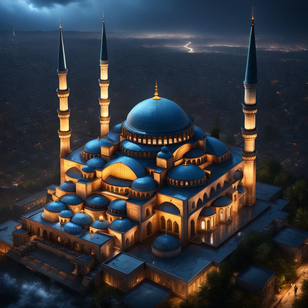 Blue Mosque Turkey: Hyperrealistic Aerial View in Storm