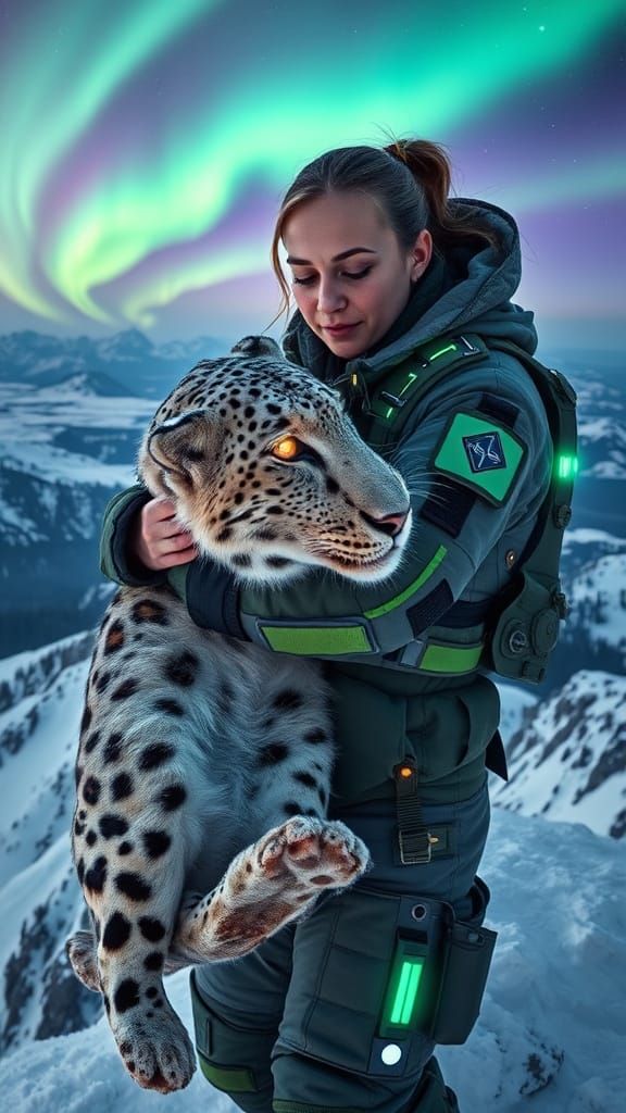 Heroic Animal Rescuer in Aurora-Lit Landscape, with Snow Leo...