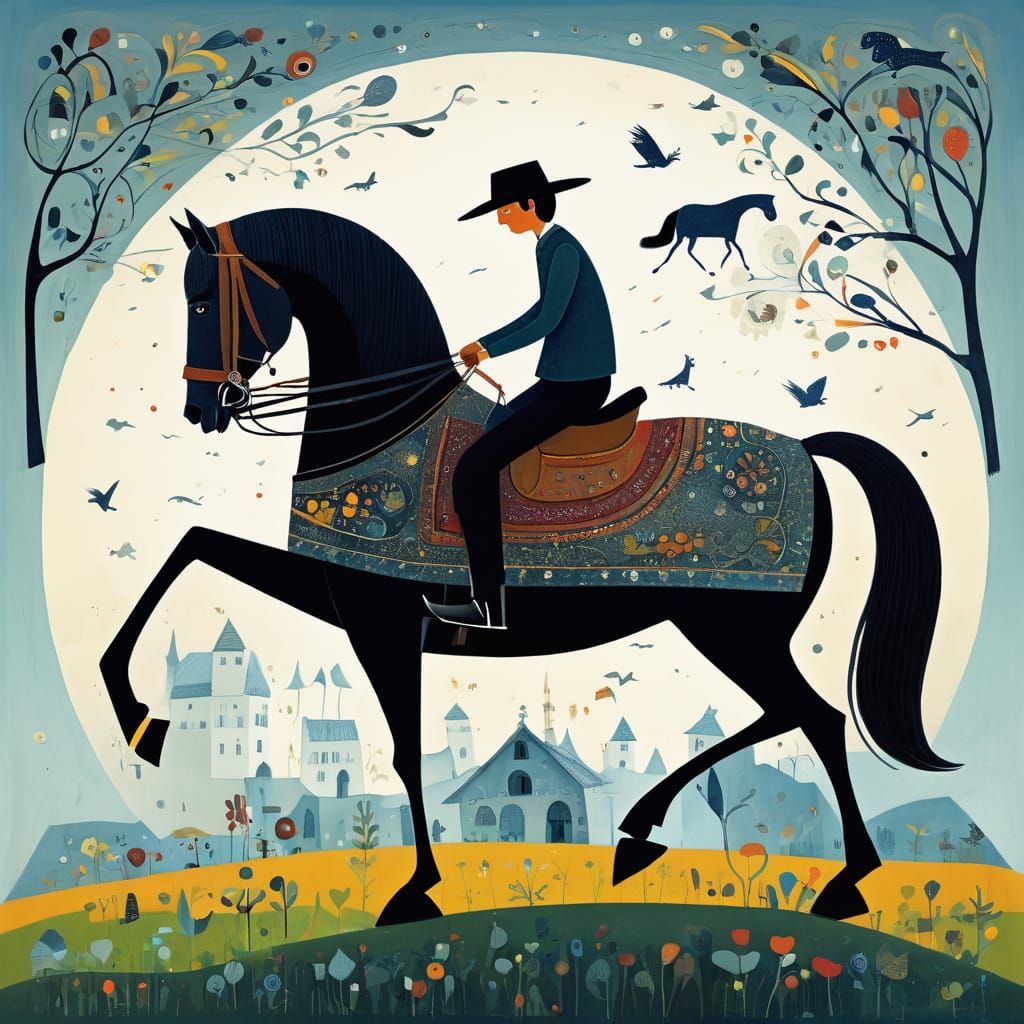 Whimsical Horse and Rider in Folk Art Style