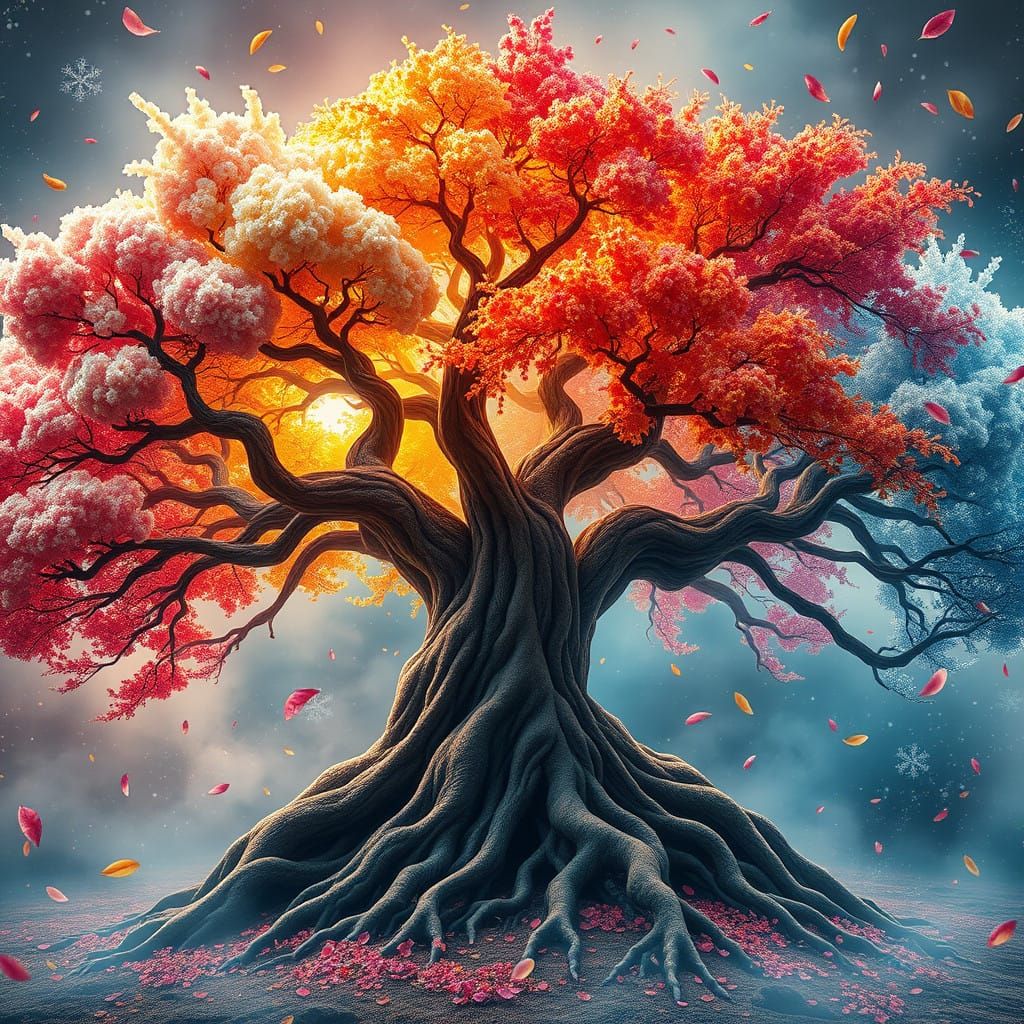 Enchanted Tree of the Seasons in Vibrant Splendor