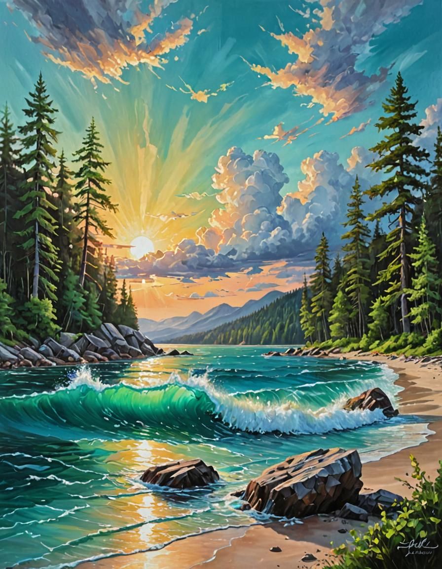 Ocean Storms Meet Emerald Lake: An Oil Painting