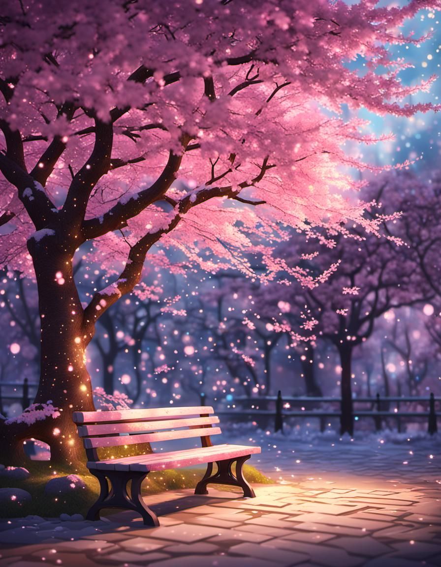 Wistful Bench Under Sakura Tree at Golden Hour