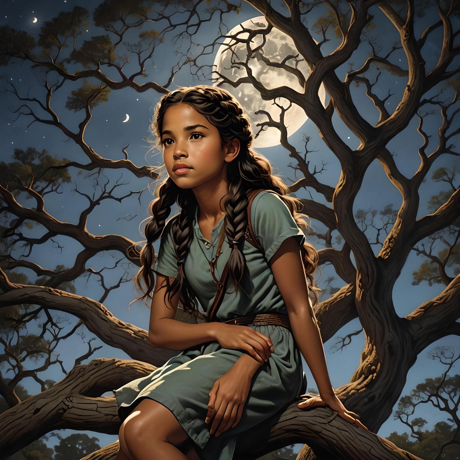 Young Girl Gazing at Moon, Photorealistic Image