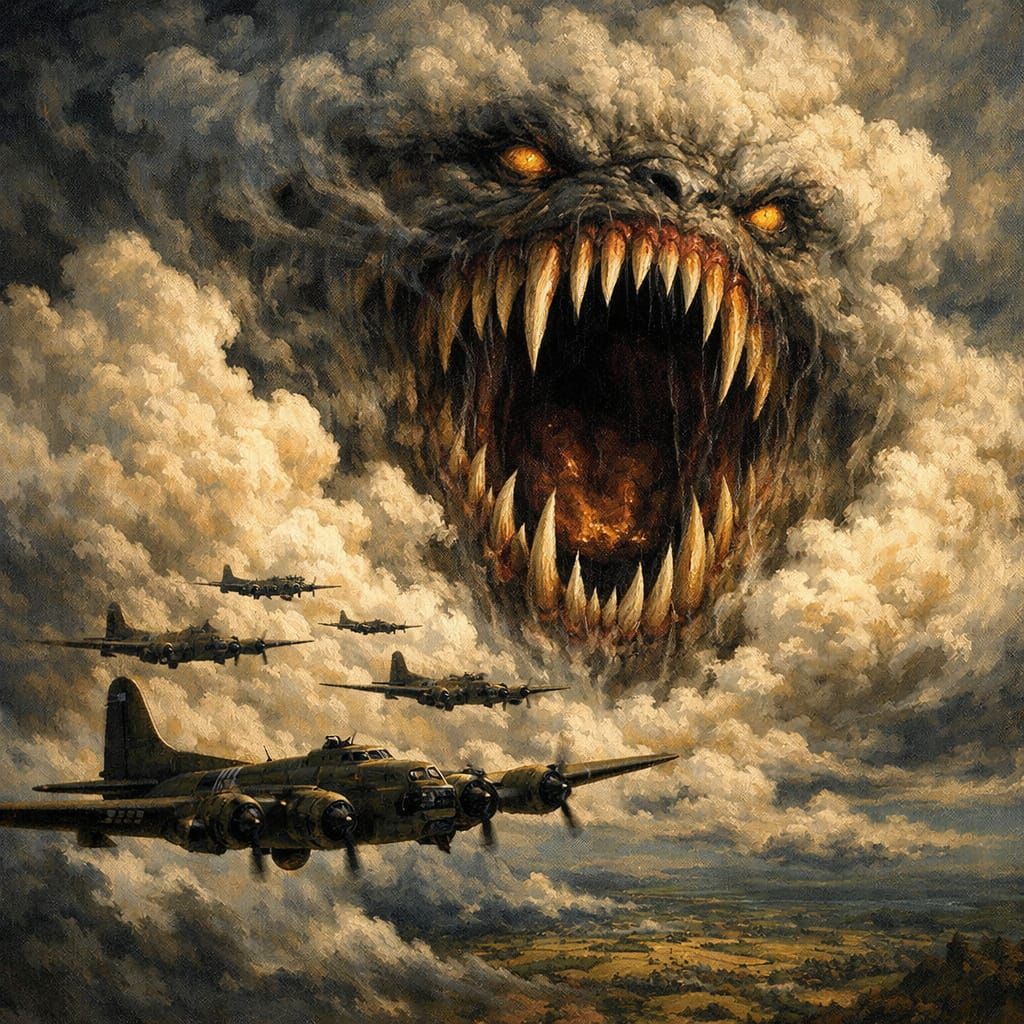 WWII Bombers Face Monstrous Cloud Maw in Fantasy Art