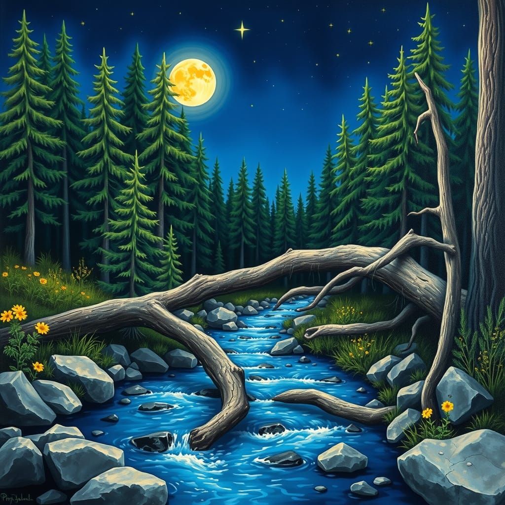 Tranquil Forest Creek at Night in Triad Colors