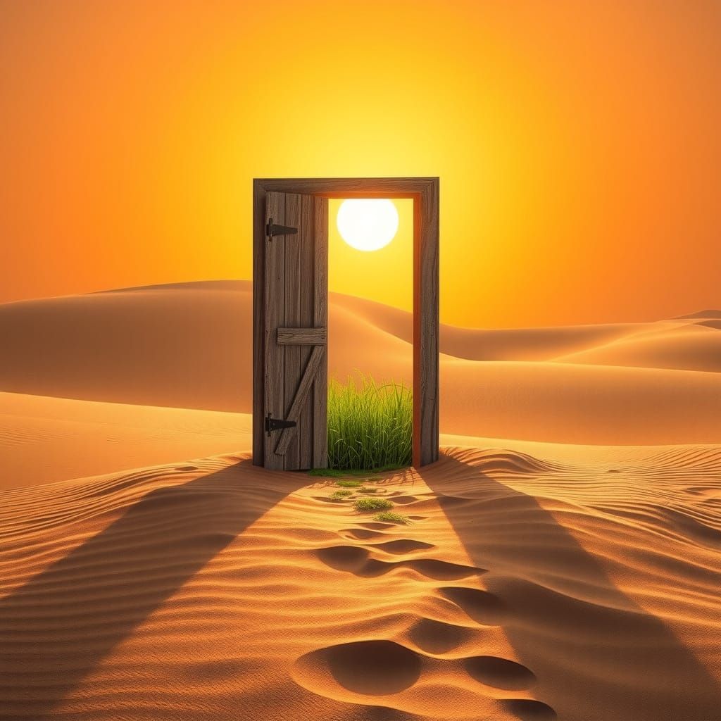 Surreal Desert Doorway to Lush Greenery