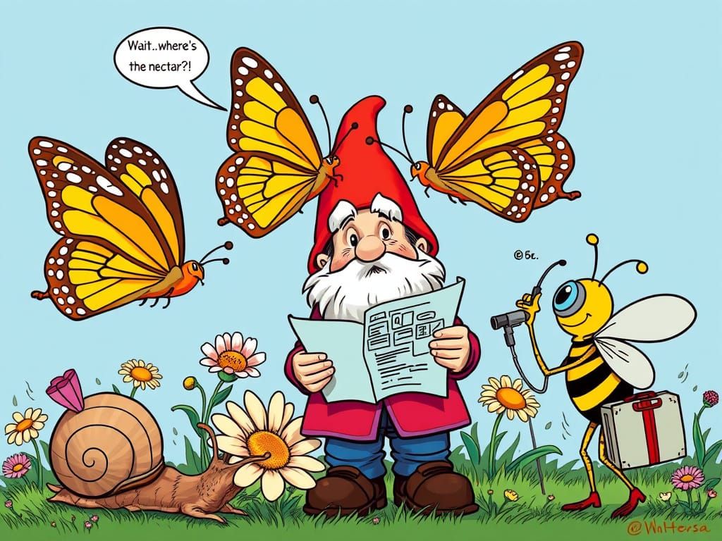 Confused Butterflies and Garden Gnome in Comic Style