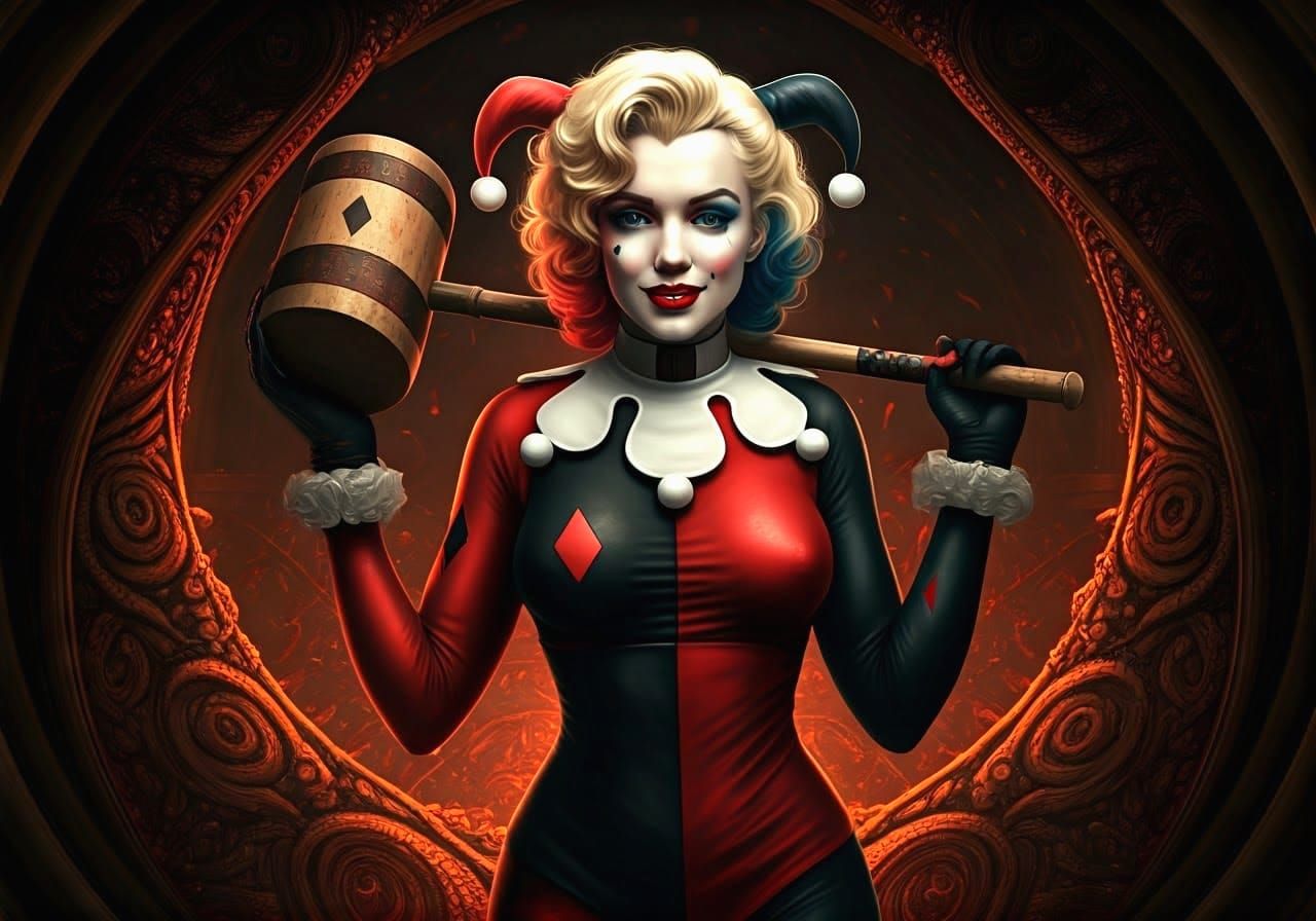 Marilyn Monroe as Whimsical Harley Quinn in Vibrant, Abstrac...