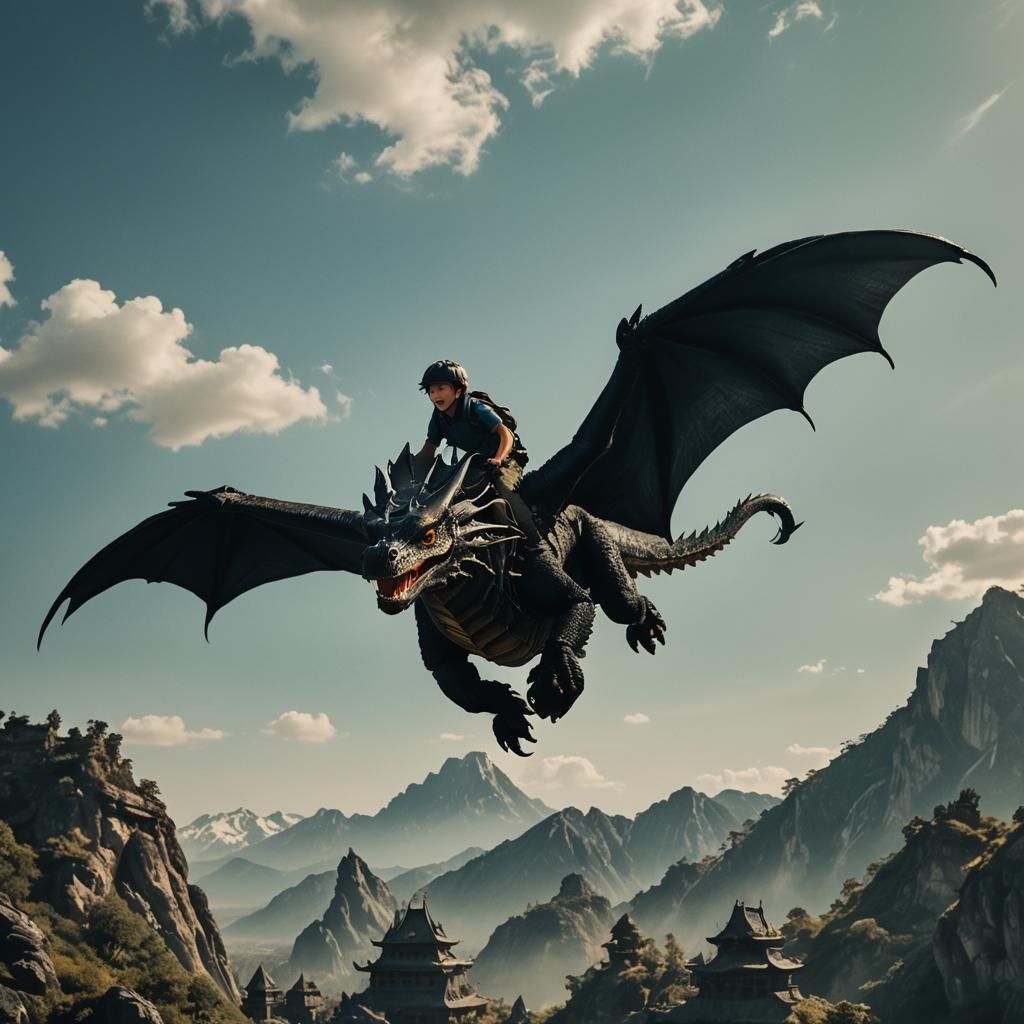 Child Riding a Black Dragon in Flight