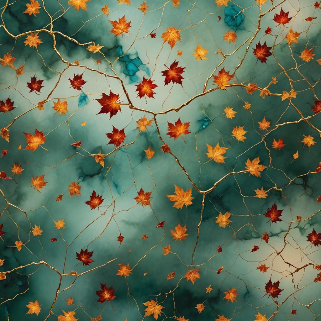 Surreal Autumn Leaves Kintsugi Painting in Emerald and Gold