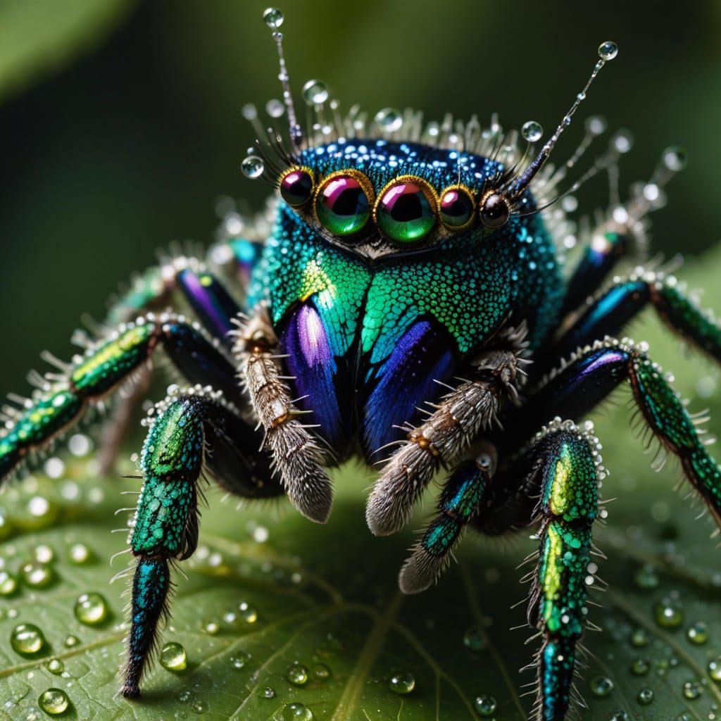 Dew-Covered Peacock Spider on Passionflower: Macro Photograp...