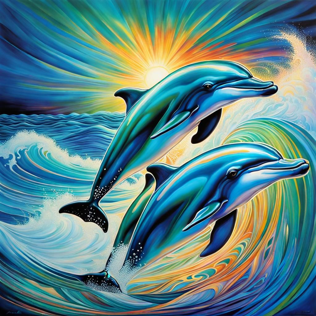 Dynamic Dolphin Artwork with Ocean Waves
