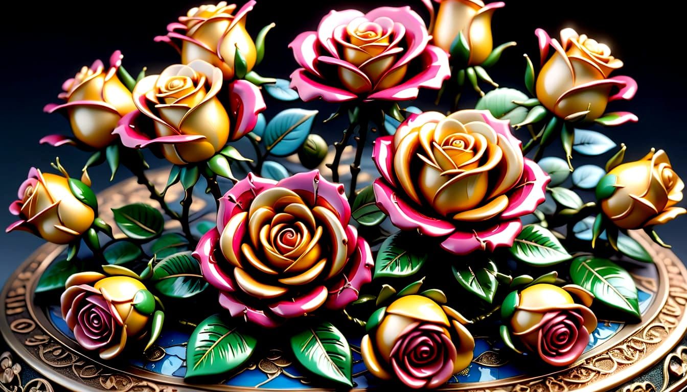 Detailed Miniature Roses Enamel Sculpture
