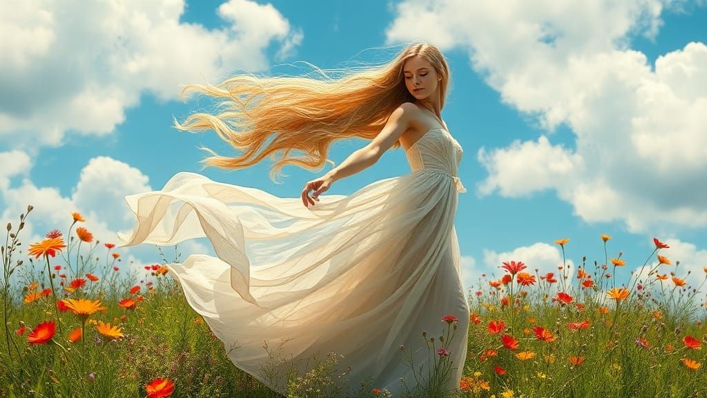 Woman Dancing in Wind, Romantic Oil Painting