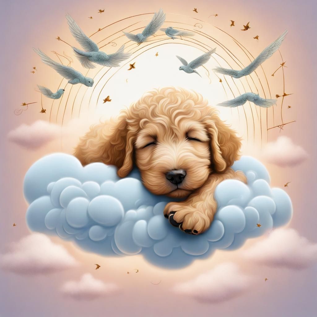 Dreaming Golden Doodle Puppy on a Cloud