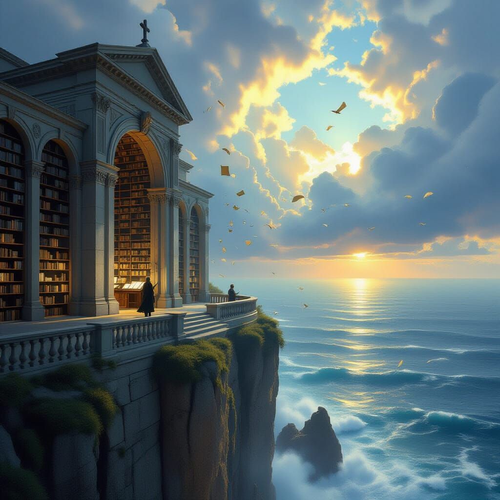 Solitary Library on World's Edge Overlooking Stormy Ocean