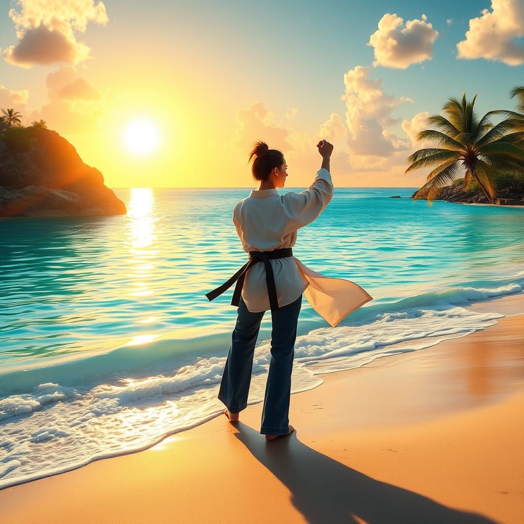 Karate Master on Tropical Beach at Sunset