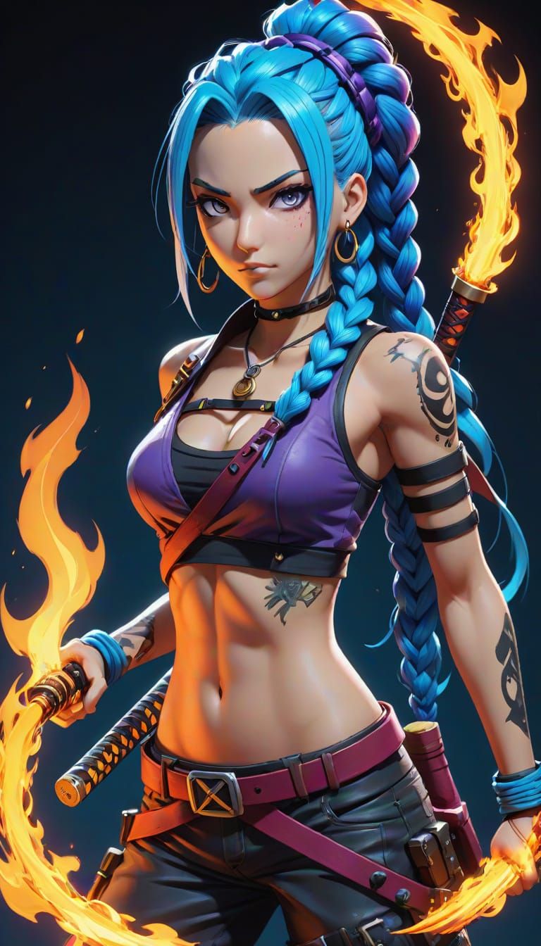 Jinx Poses with Fire Chain in Anime Art