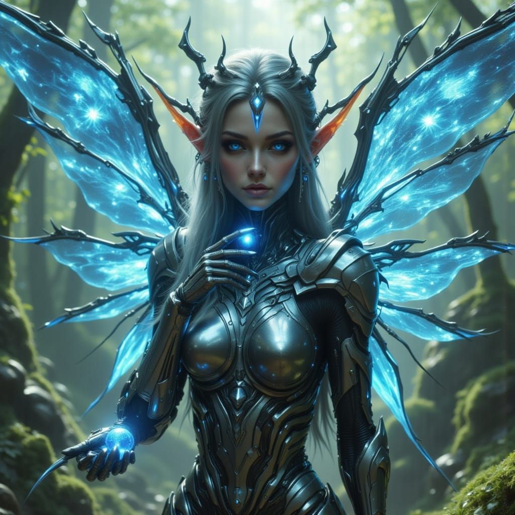 Elven Cyborg and Dwarven Mech Pilot in Futuristic Landscape