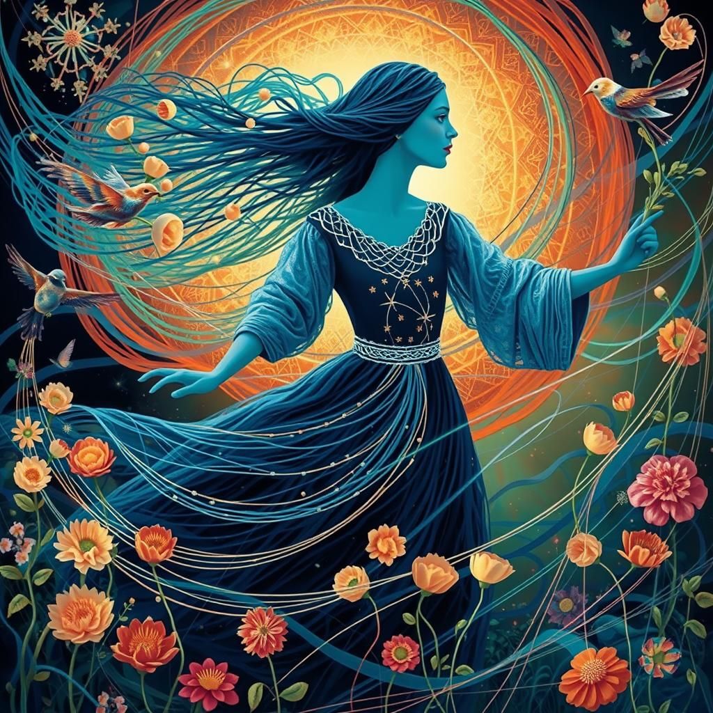 String Woman Dances in Surreal Fantasy Illustration