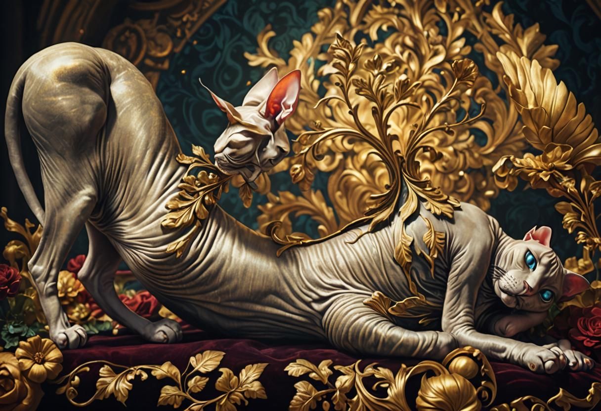 Baroque Sphynx Cat Woman in Dark Fantasy Style