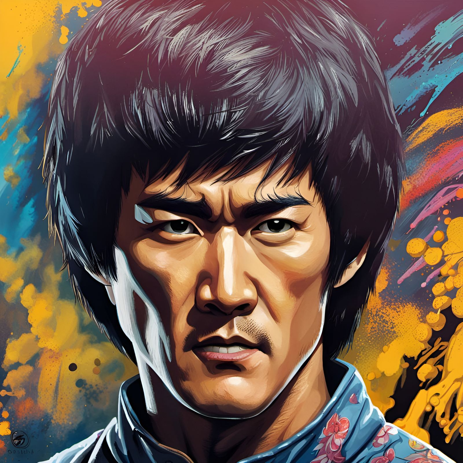 Bruce Lee wearing yellow track suit, waving two black nunchaku  fight scenes, fighting multiple attackers