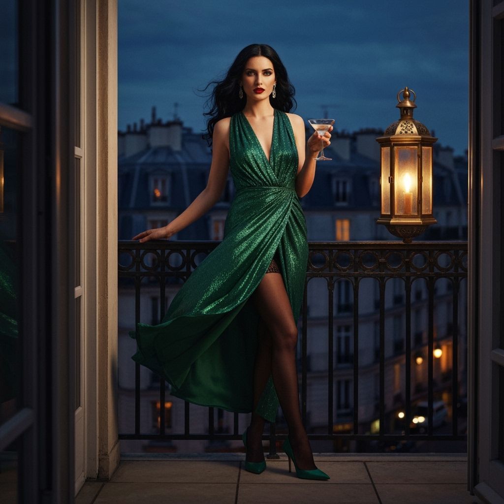 Emerald Gown on Parisian Balcony: Vintage Glamour
