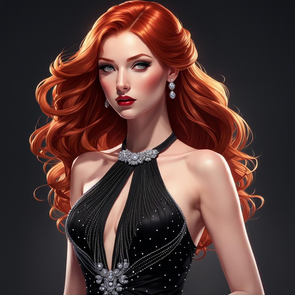 Redhead in Rhinestone Dress, Art Nouveau Style