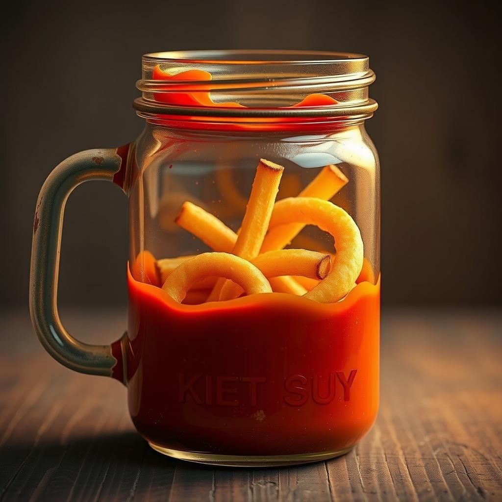 Ketchup-Filled Mason Jar with Cheeseburger Still Life