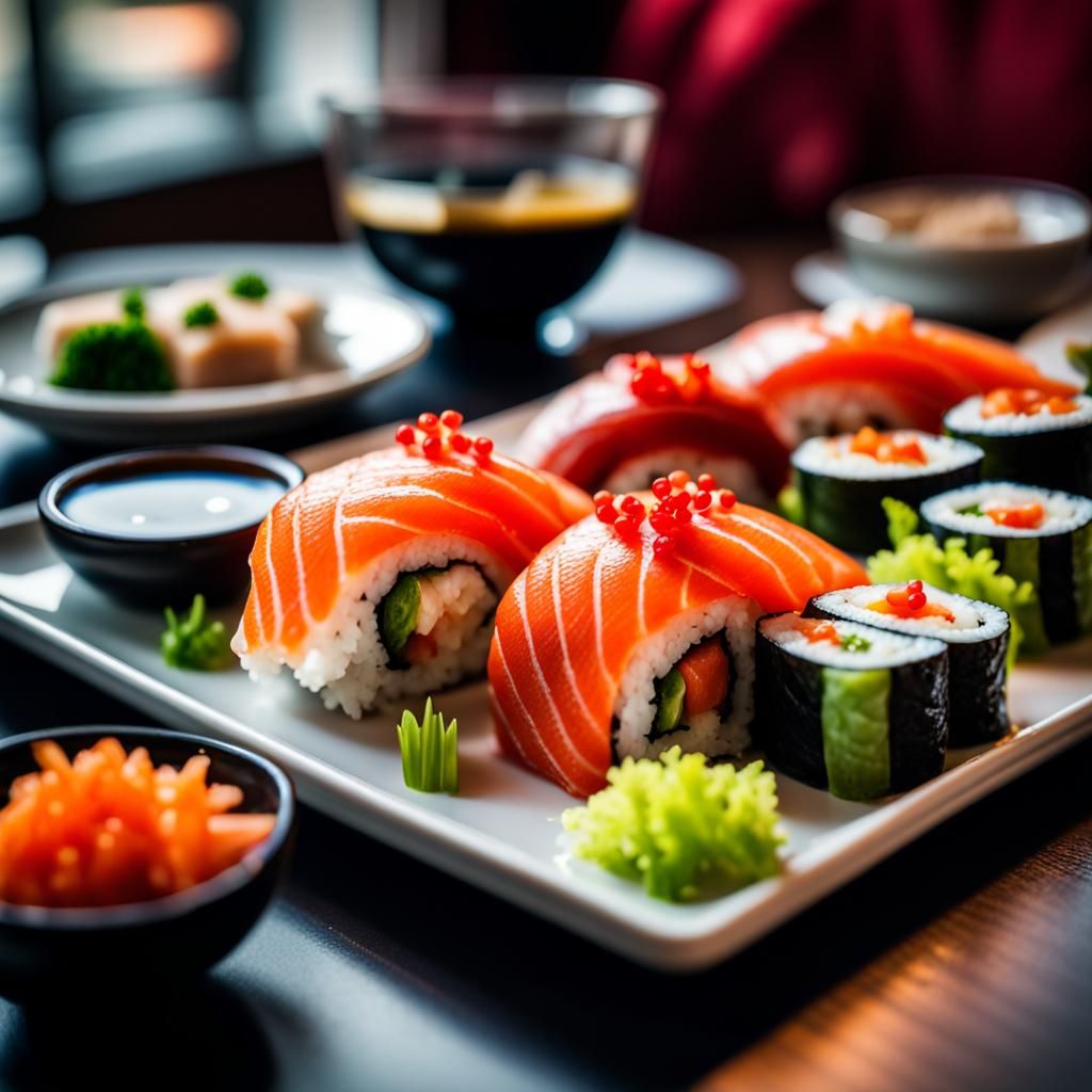 Vibrant Sushi Plate in Restaurant Setting