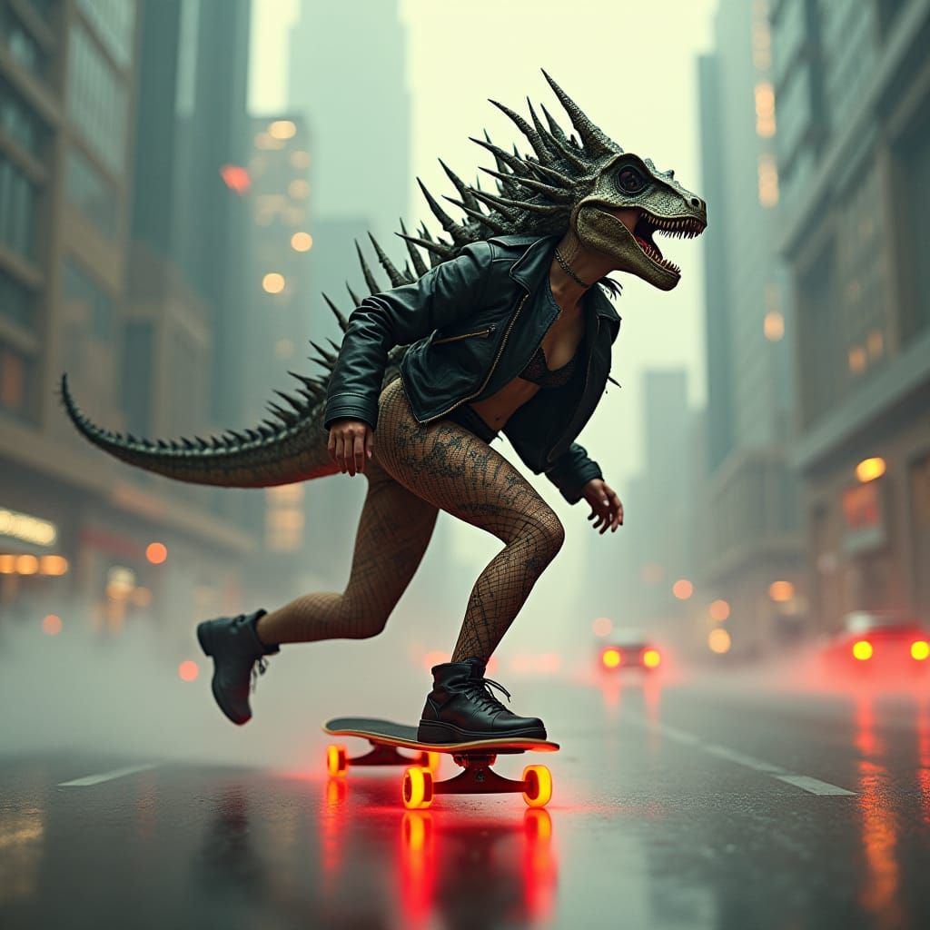 Dinosaur-Punk Girl Races Through Cyberpunk Cityscape