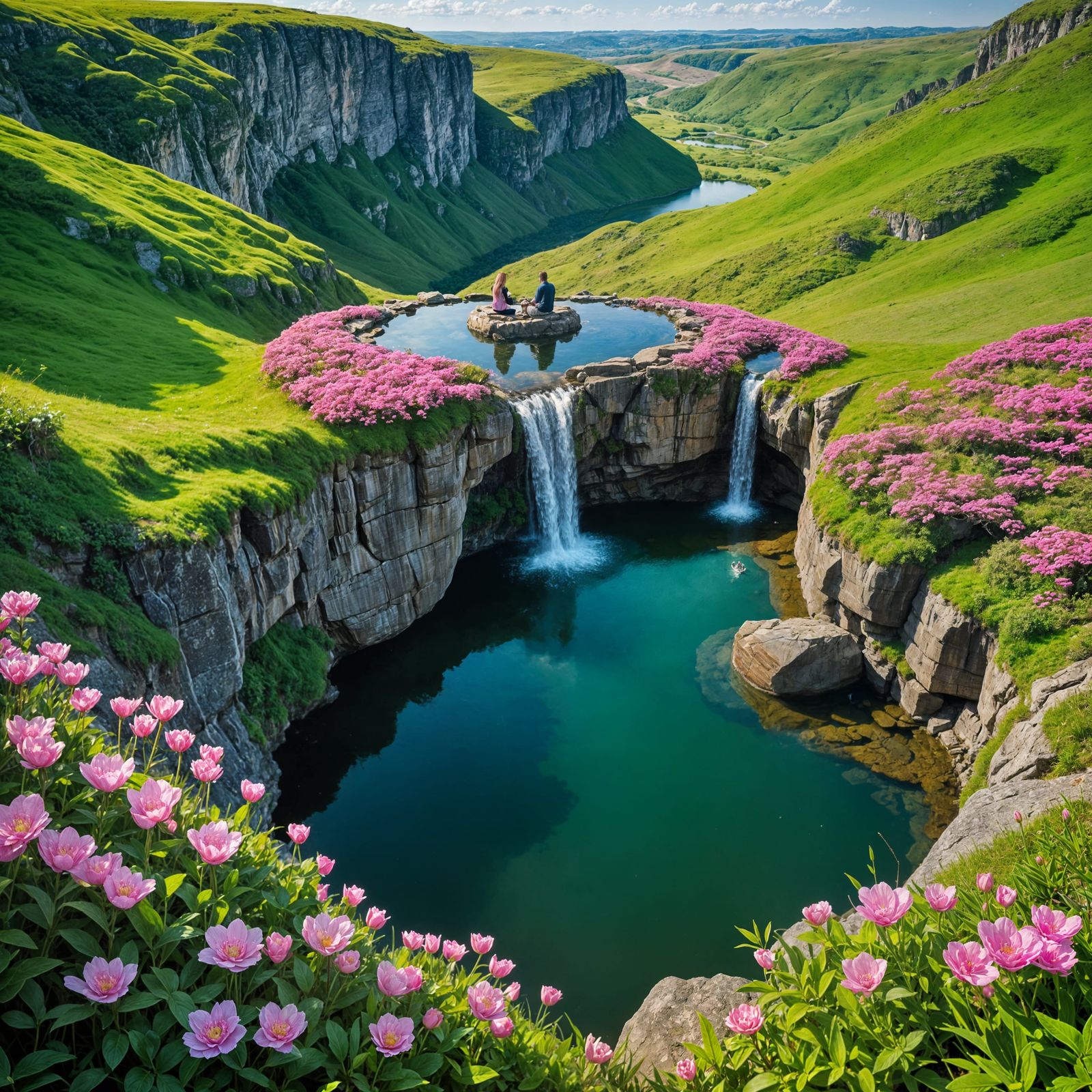 Heart Pond Waterfall Scene in Anime Style