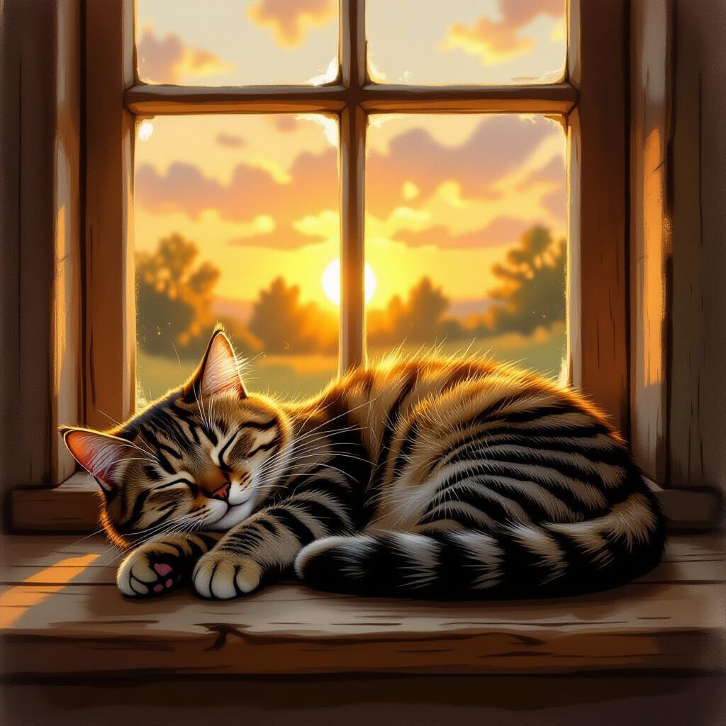 Tabby Cat Sleeping in Sunset Light, Potter Style
