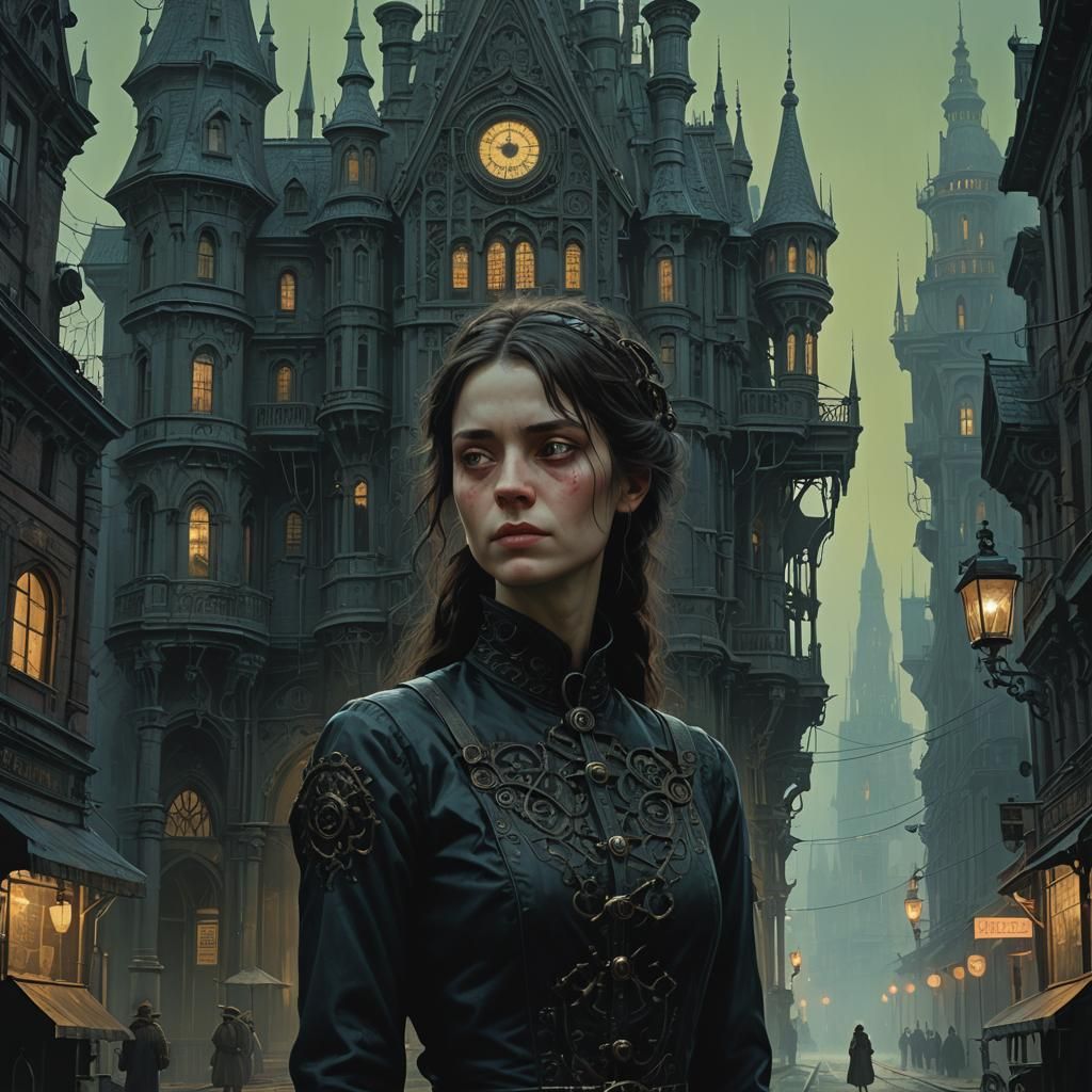 Gothic Woman's Shadowy Grin in Cyberpunk Style