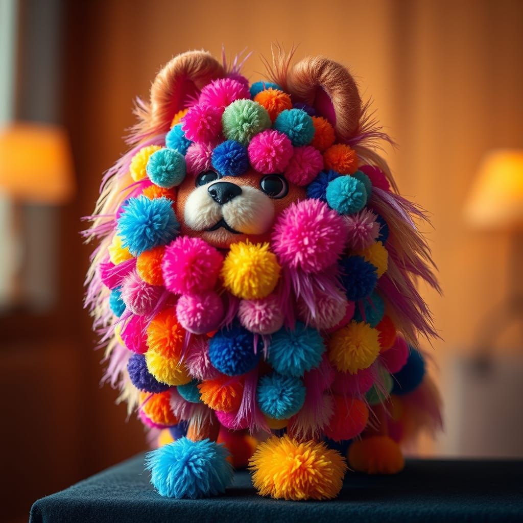 Colorful Pom-Pom Pomeranian Sculpture in Cinematic Style