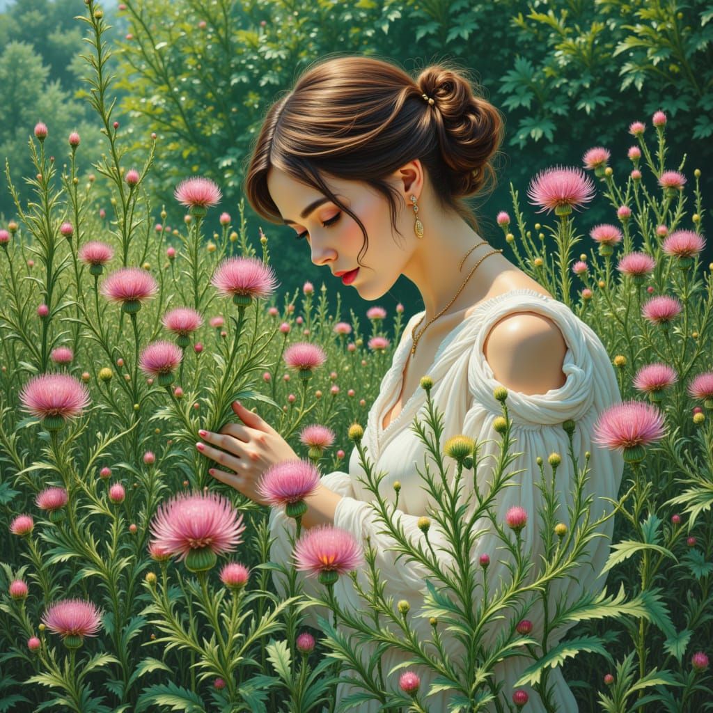 Serene Woman Tending Thistle Garden in Art Nouveau Style