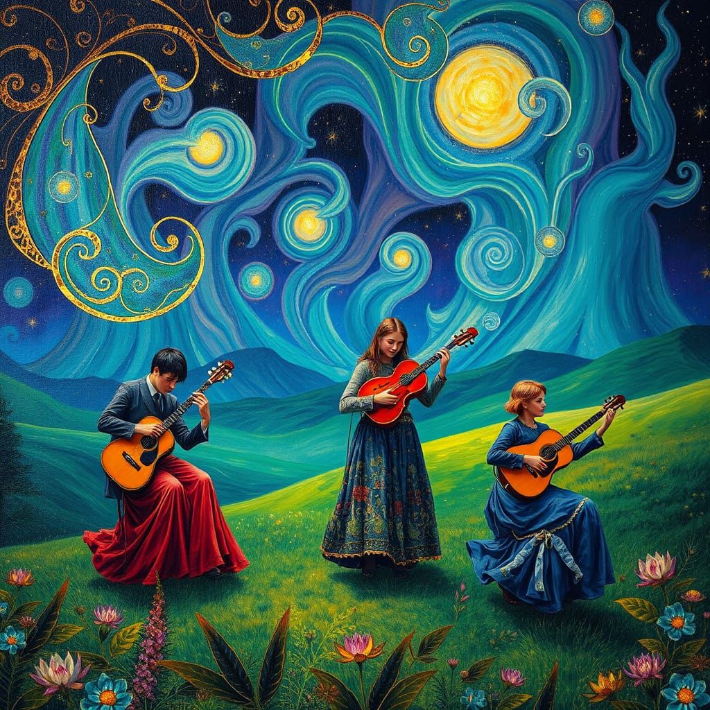 Mystical Celtic Musicians in a Surreal Landscape