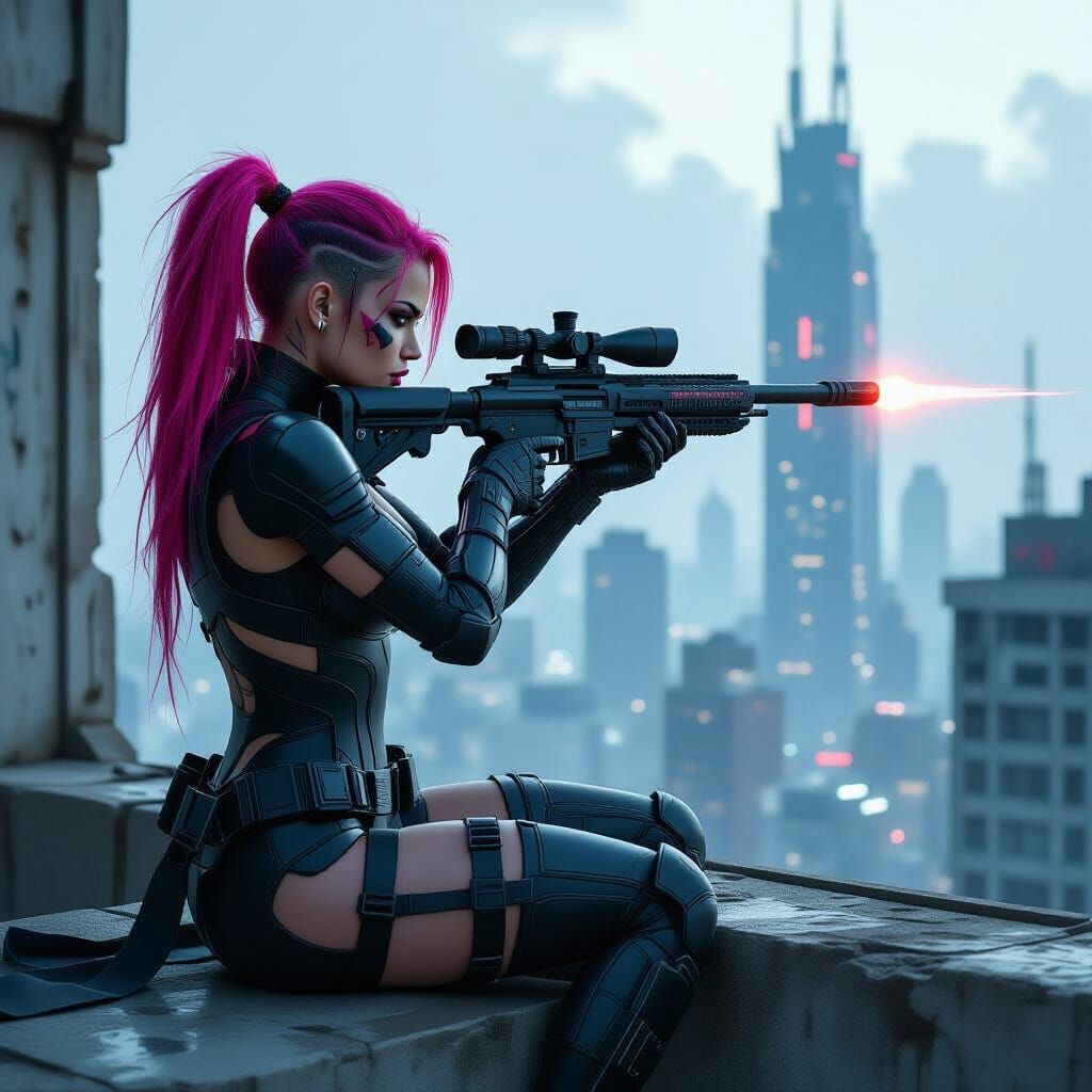 Cyberpunk Sniper Aiming Railgun from High-Rise